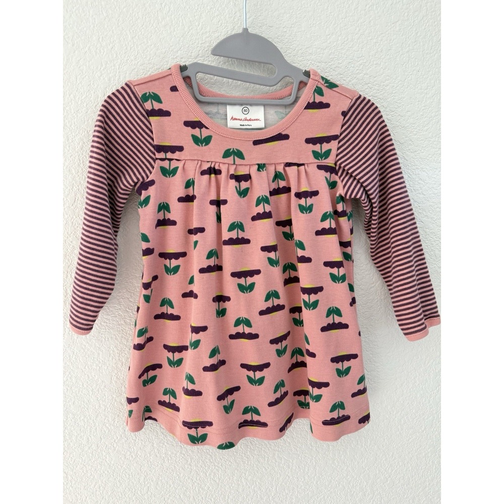 Hanna Andersson Floral Scandi Dress 80 18-24 Pink Striped Vtg Peru